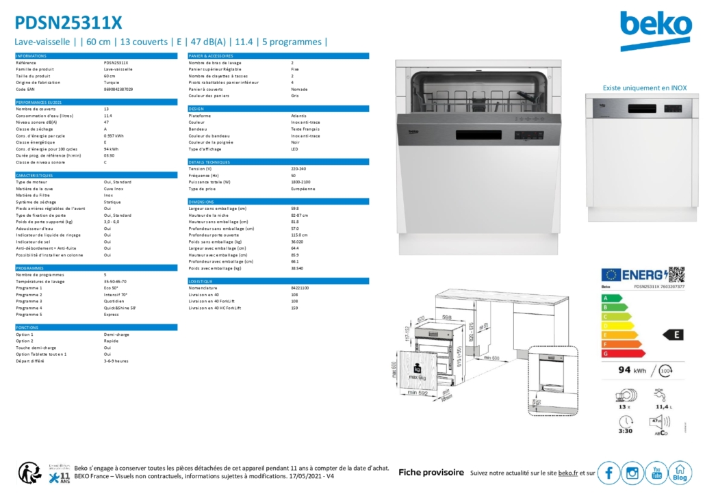 Lave vaisselle Beko - Concept Achat - PDSN25311X
