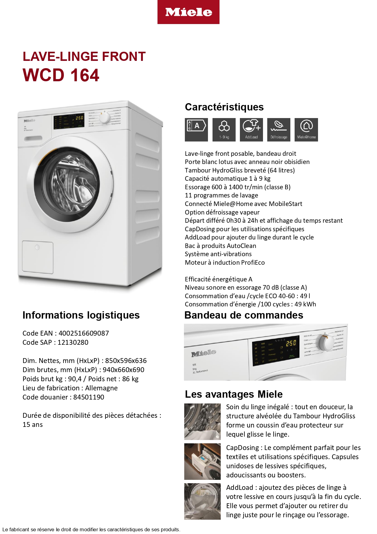 Lave linge Miele Concept Achat WCD164