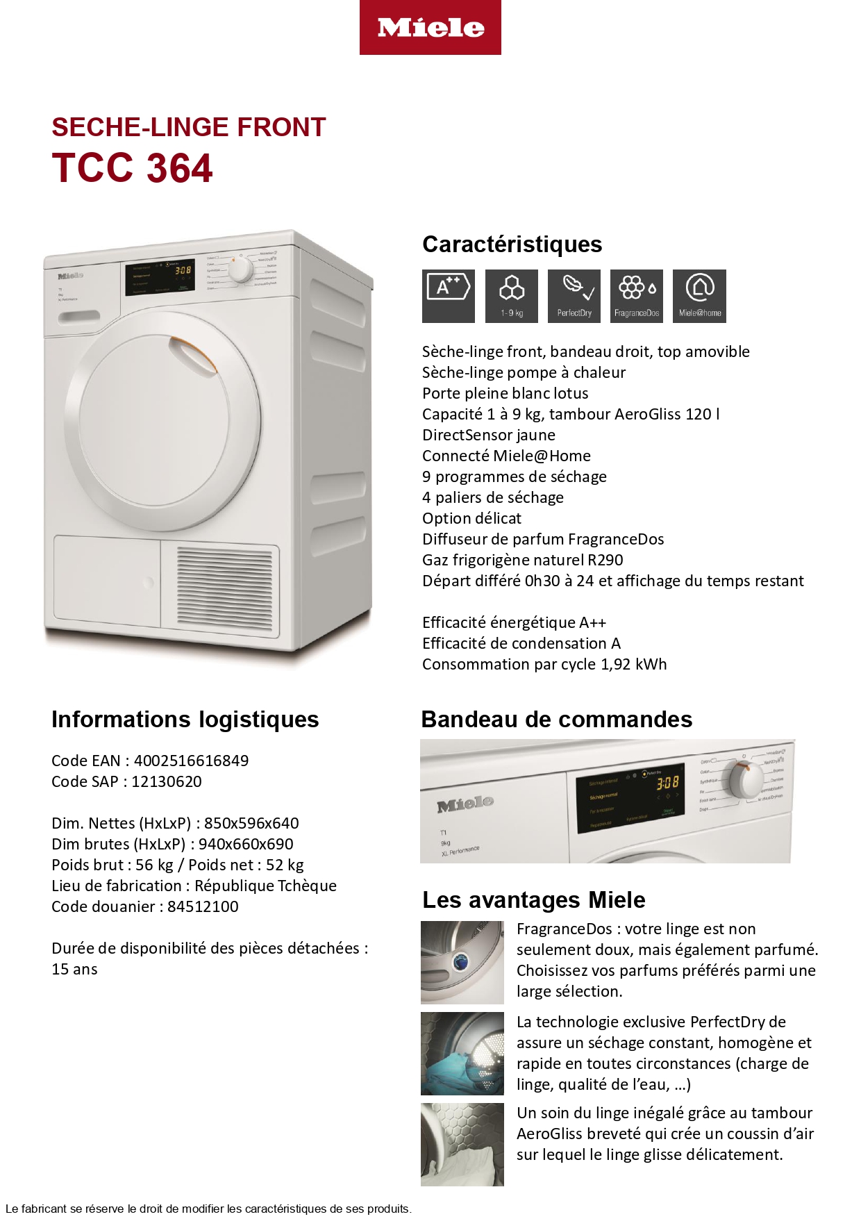 Sèche-linge pompe à chaleur MIELE TCC364WP 9kg